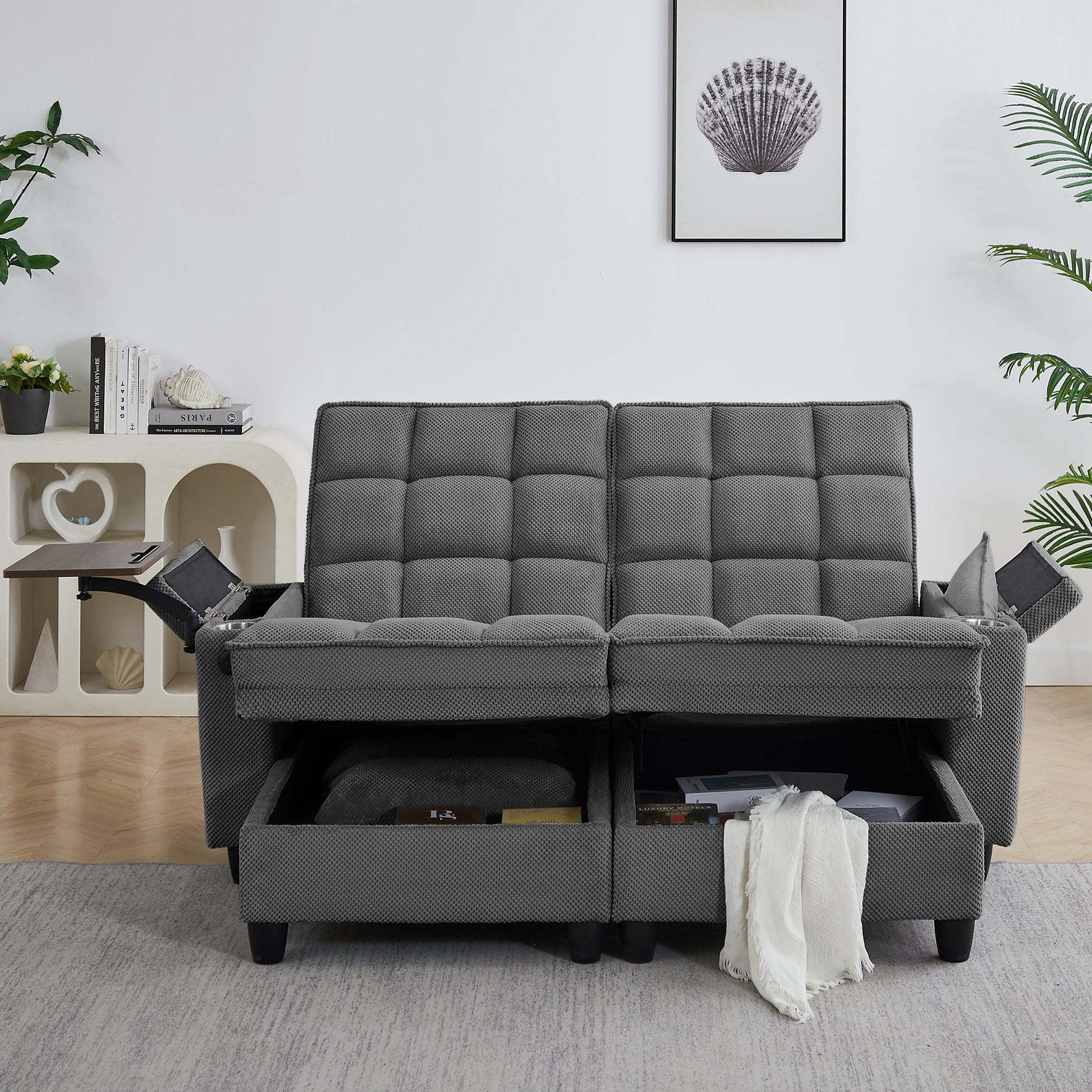 Dark Grey Sofa,Sleeper Sofa Bed with 6-Position Adjustable Backrest,USB Ports, Cup Holder and Swivel Side Table image 5
