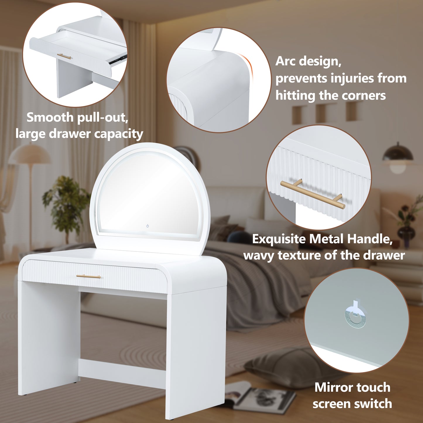 39" Makeup Vanity Table with Mirror Touch Screen Lighted Mirror, Dressing Table with Drawer for Bedroom, White image 5