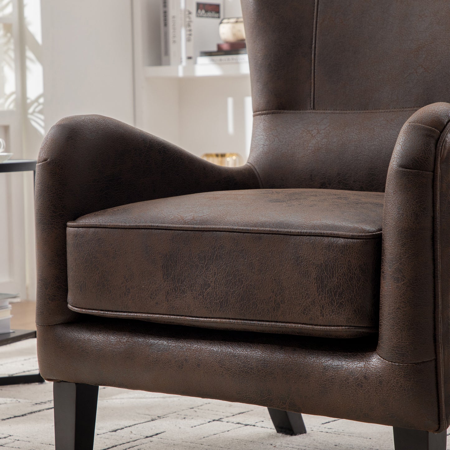 28"W PU High Back Accent Chair, Upholstered Armchair for Living Room, Retro Wingback Arm Chair,Single Sofa Bedroom Reading Seat with Solid Wood Legs, Brown image 9