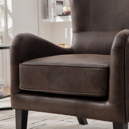 28"W PU High Back Accent Chair, Upholstered Armchair for Living Room, Retro Wingback Arm Chair,Single Sofa Bedroom Reading Seat with Solid Wood Legs, Brown image 9