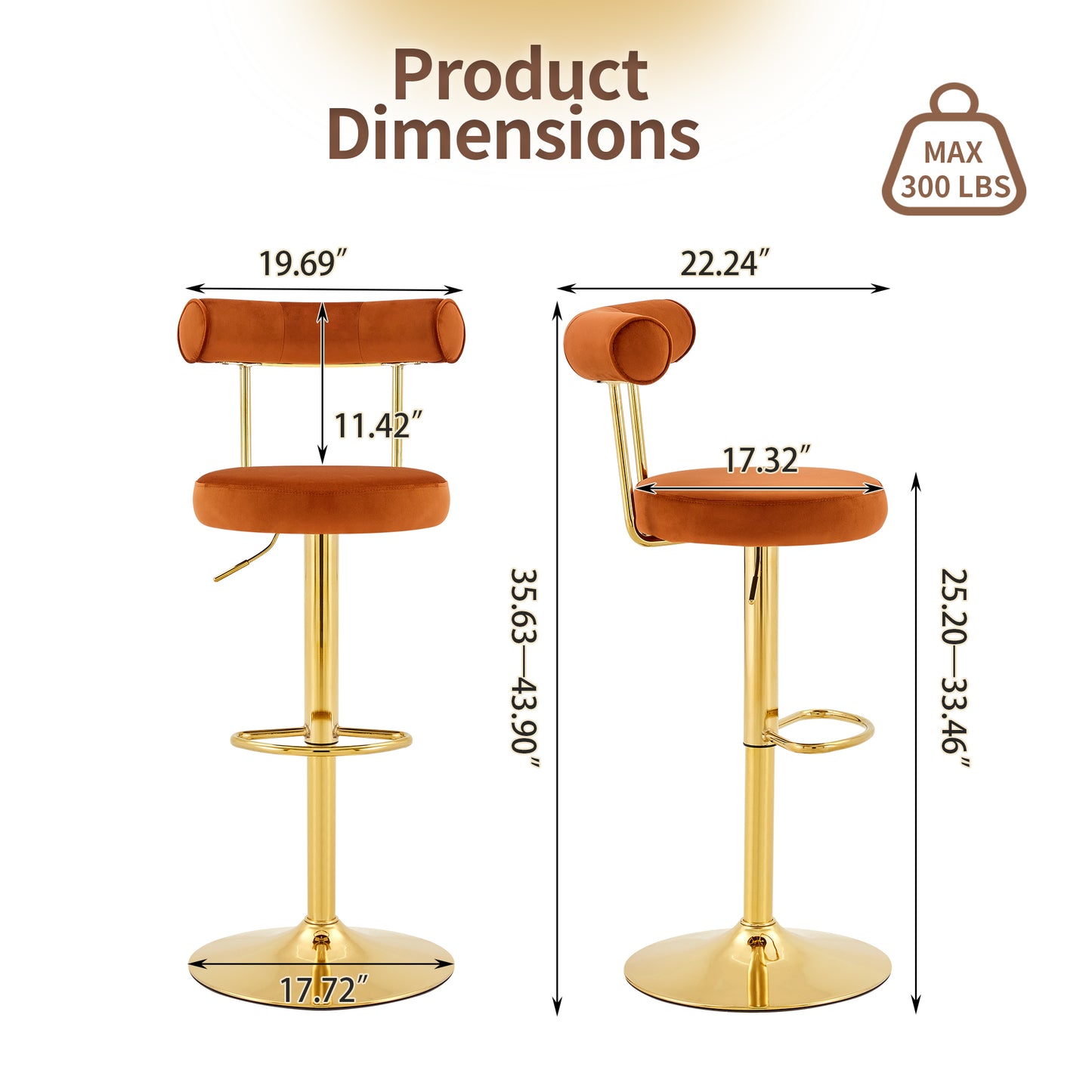 Soft Velvet Upholstered Swivel Adjustable Bar Chair with electroplated gold legs - Dining Room Living Room Bar Cafe Reception Desk Bar Stool(Rusty Orange, Set of 2) image 2