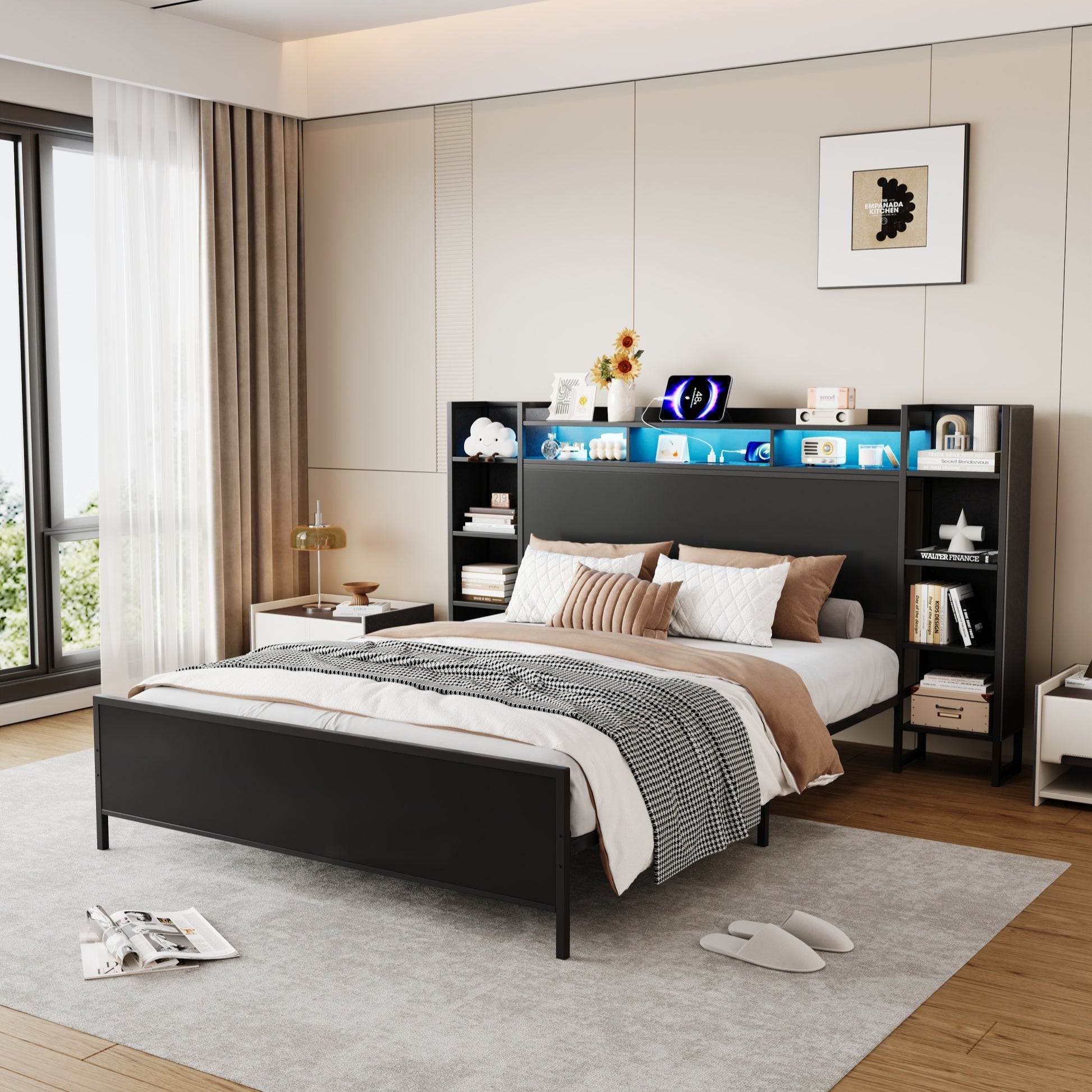 Queen Size Bed Frame with USB Charging Station, Storage Headboard and with Led Light, Heavy Duty Metal Platform Bed Frame, No Box Spring Needed, Black image 1