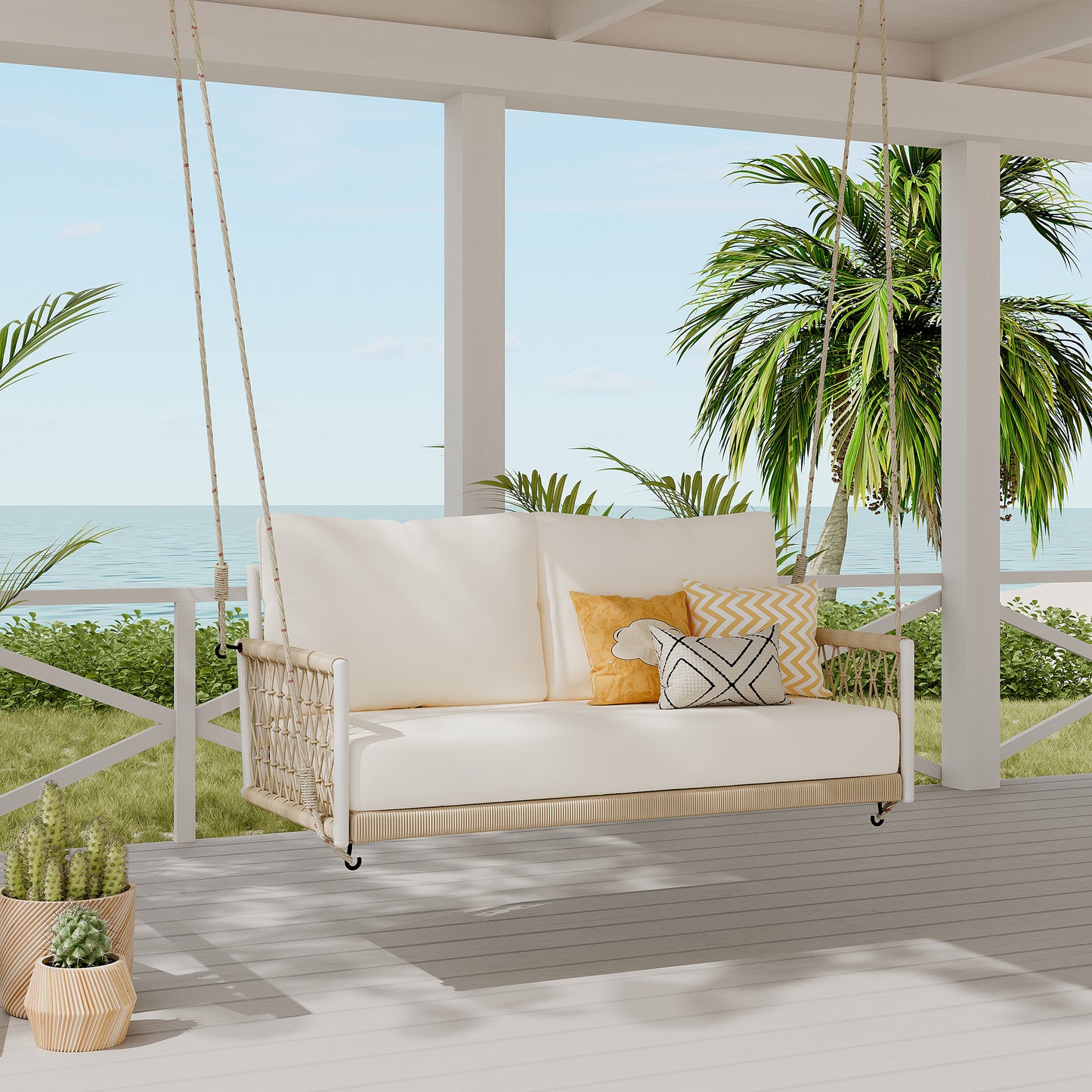 TREXM 1-Piece Woven Rope Outdoor Swing Sofa with Soft Cushions Seating 2 for Patio, Courtyard and Balcony (Beige) image 1