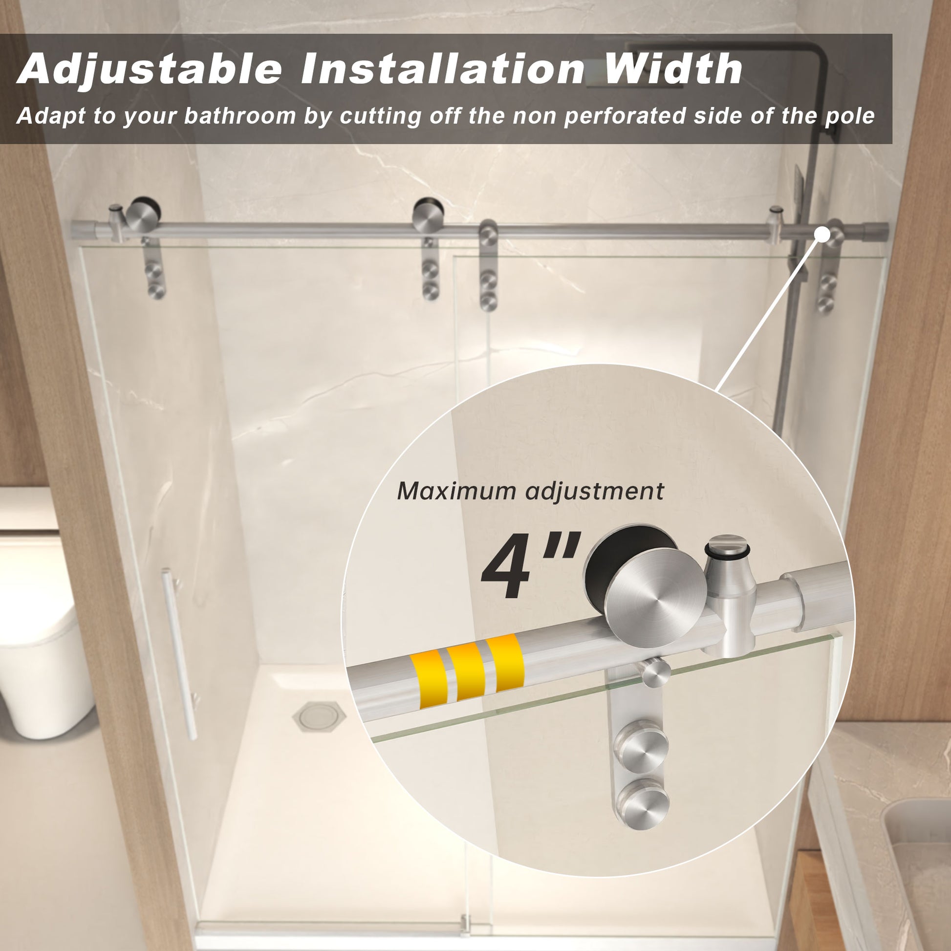 50-54" x 76" H Frameless Sliding Shower Door, 5/16" (8mm) Clear Tempered Glass, Stainless Steel Frame,Brushed Nickel image 5
