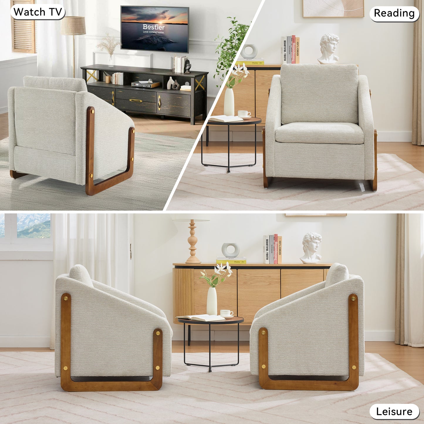 057-Set of 1 Chenille Fabric Modern Upholstered Armchair with Wooden Side Frame, Accent Leisure Chair with Cushioned Seat and Backrest for Living Room, Bedroom,Beige image 5