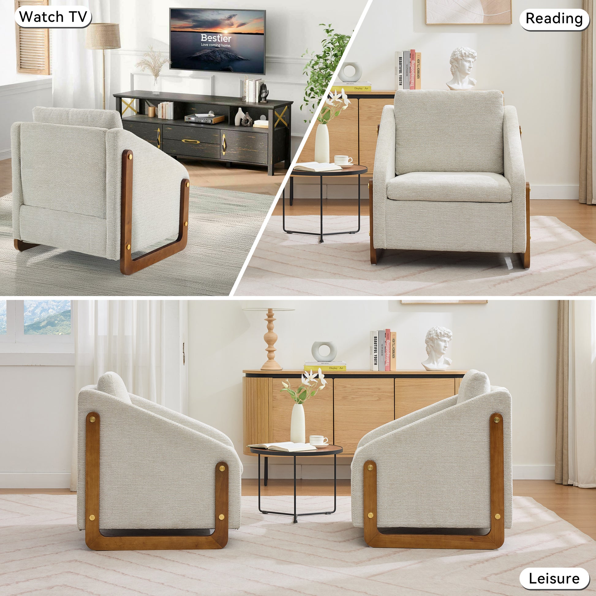 057-Set of 1 Chenille Fabric Modern Upholstered Armchair with Wooden Side Frame, Accent Leisure Chair with Cushioned Seat and Backrest for Living Room, Bedroom,Beige image 5