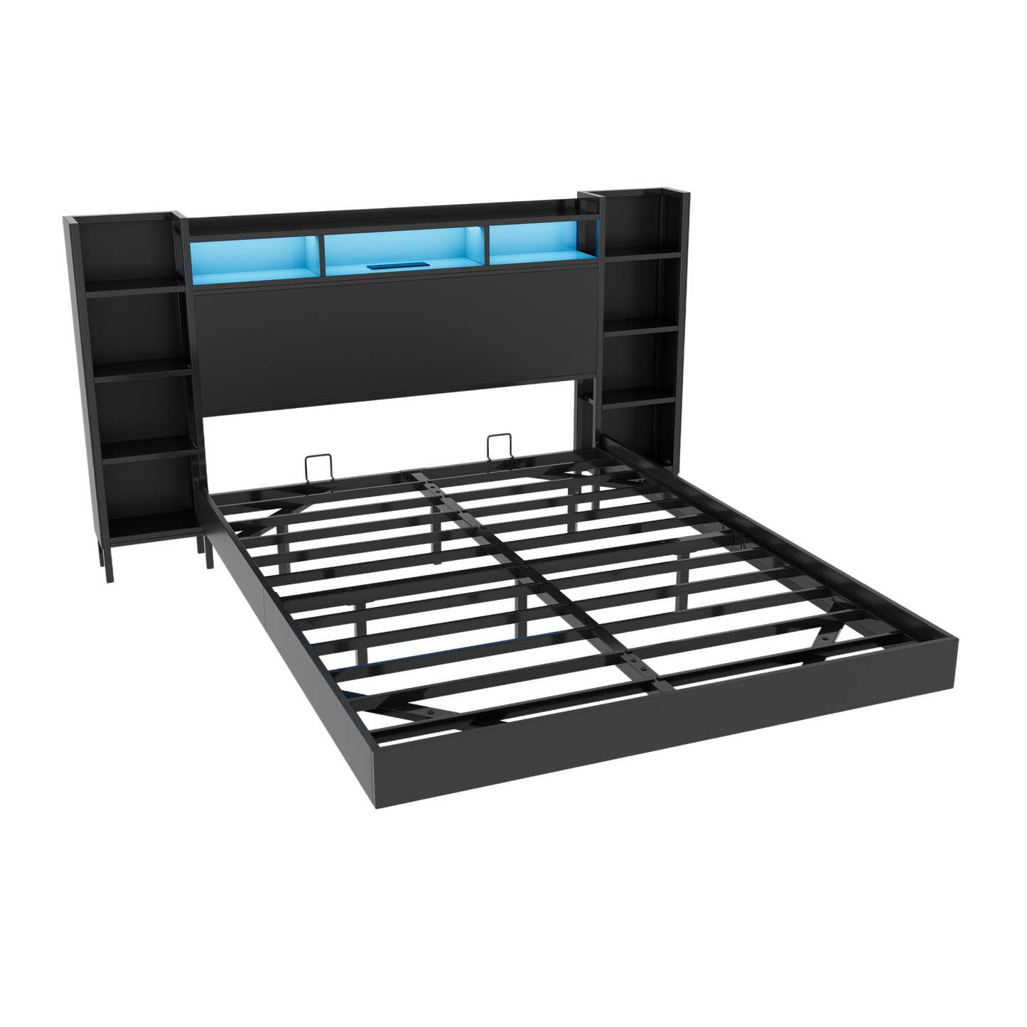 Queen Size Floating Bed Frame with USB Charging Station, Storage Headboard and with Led Light, Heavy Duty Metal Platform Bed Frame, No Box Spring Needed, Black image 5