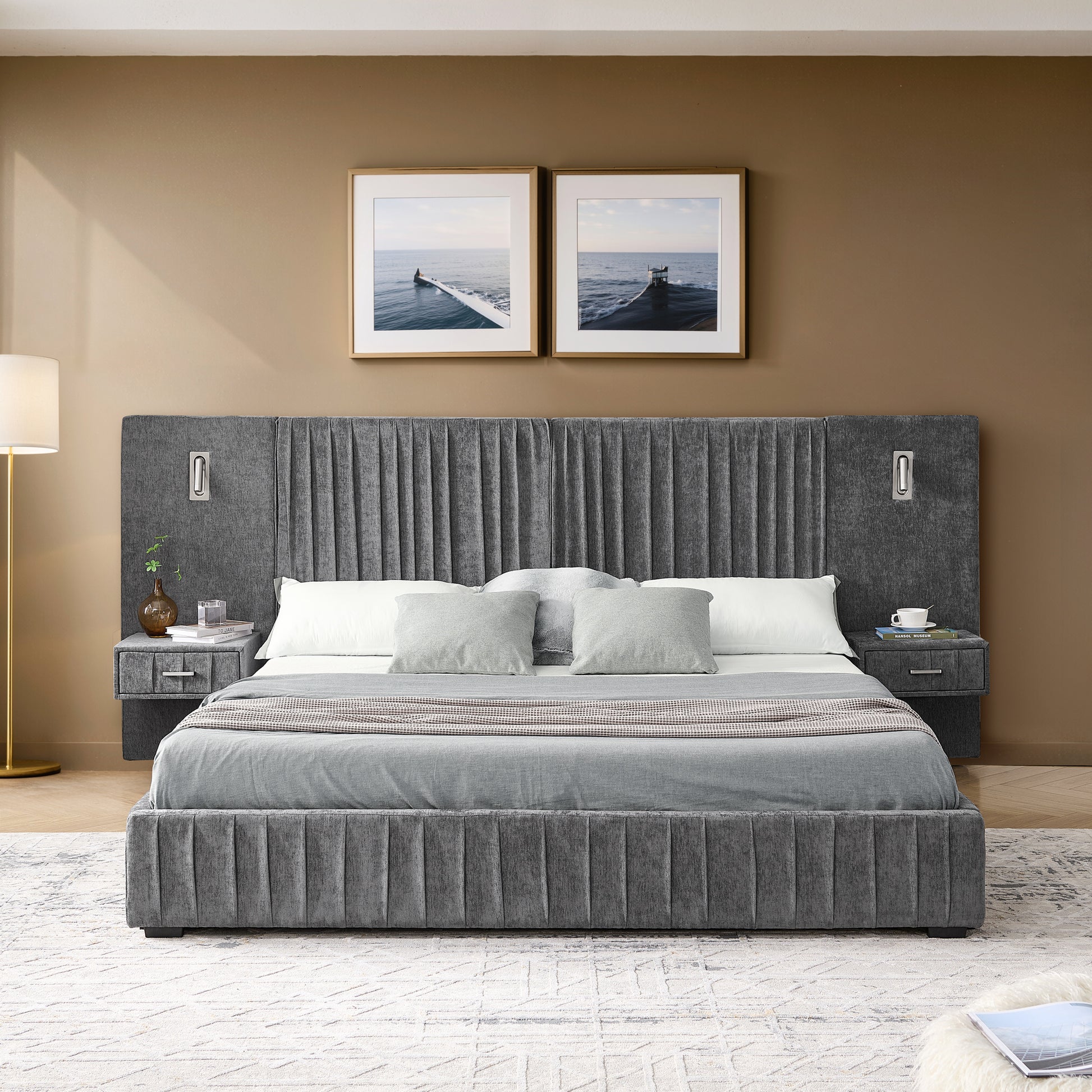 Queen Size Upholstered Bed Frame with Chenille fabric with pleated design,Grounded Queen Size Platform Bed with Headboard and Solid Frame and the bedside table.No Box Spring Needed-DARK GREY image 6