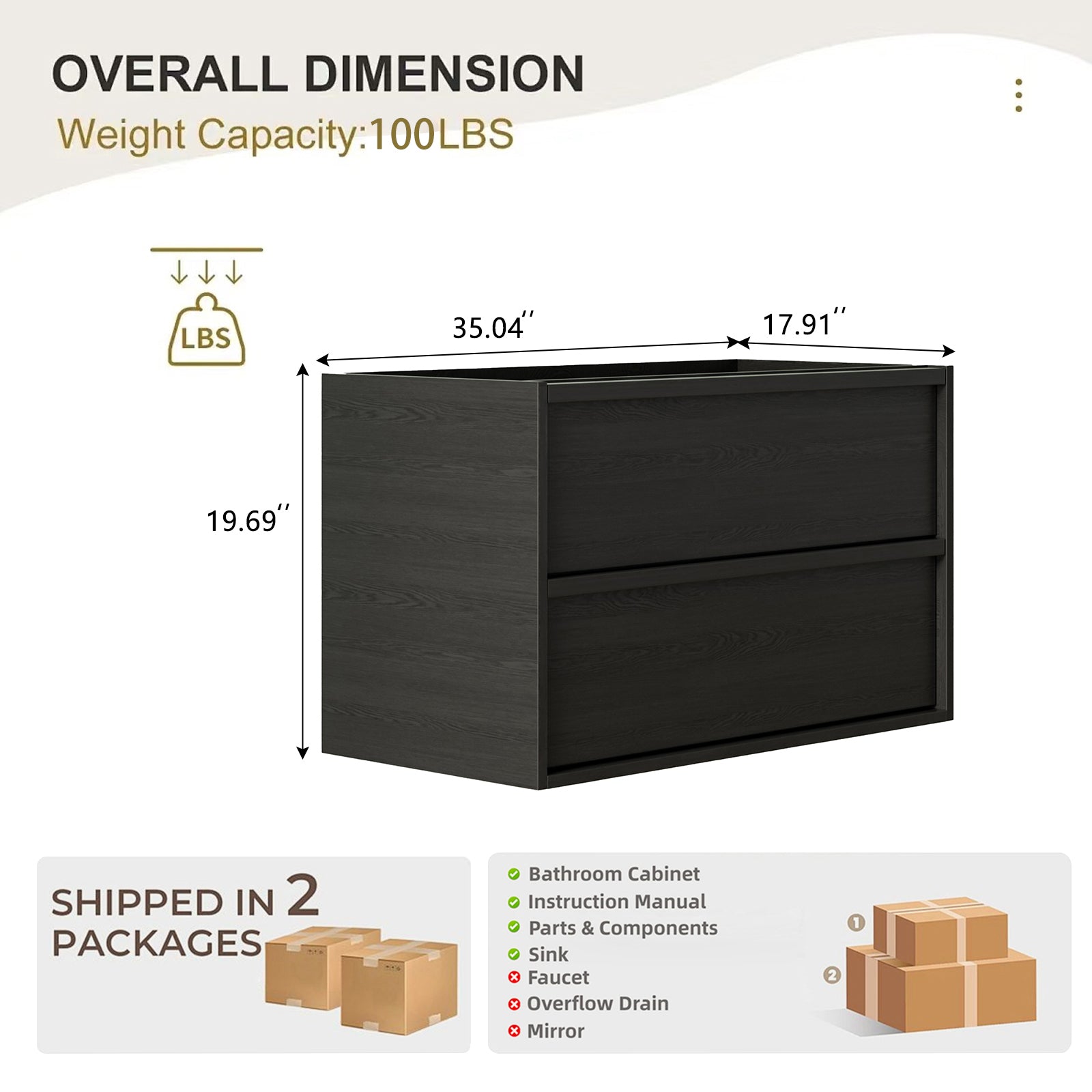 36 Inch Bathroom Vanity, KD-PACKING-(Only Vanity, Without Basin) image 7