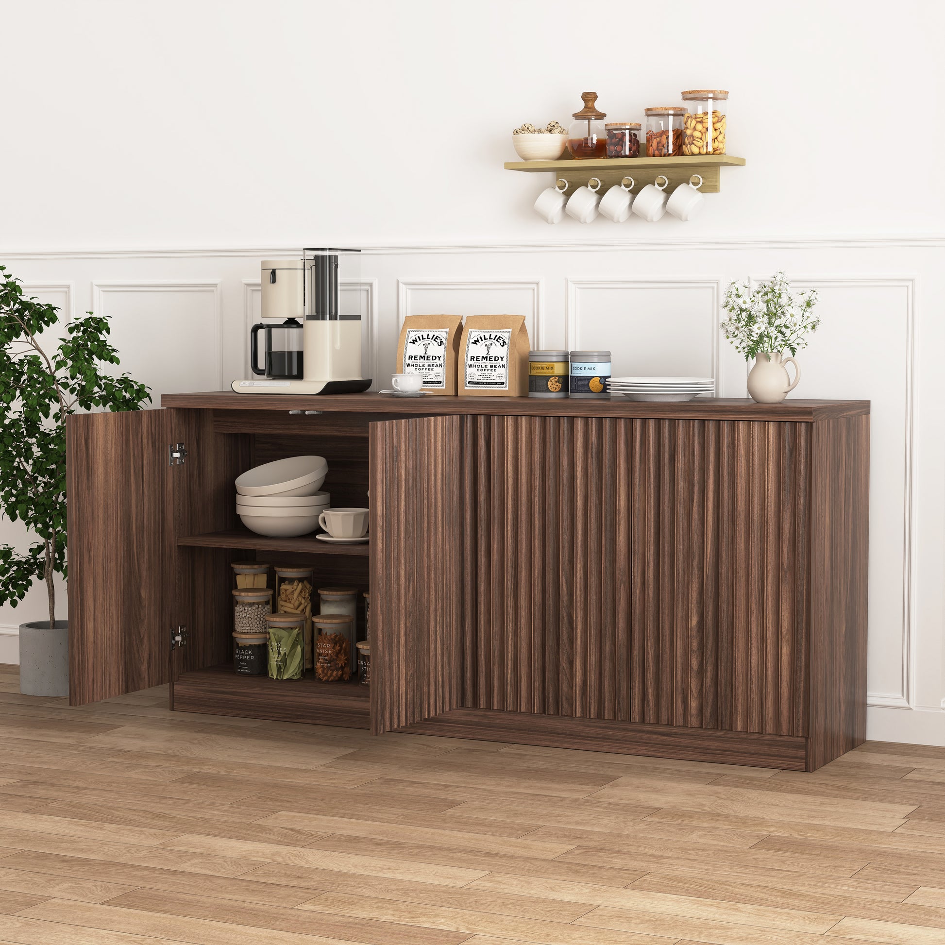 Buffet Cabinet with Storage, 62.60" Sideboard Cabinet with 4 Doors & Shelves, Wooden Kitchen Coffee Bar Credenza Storage for Living Room, Hallway Walnut image 7