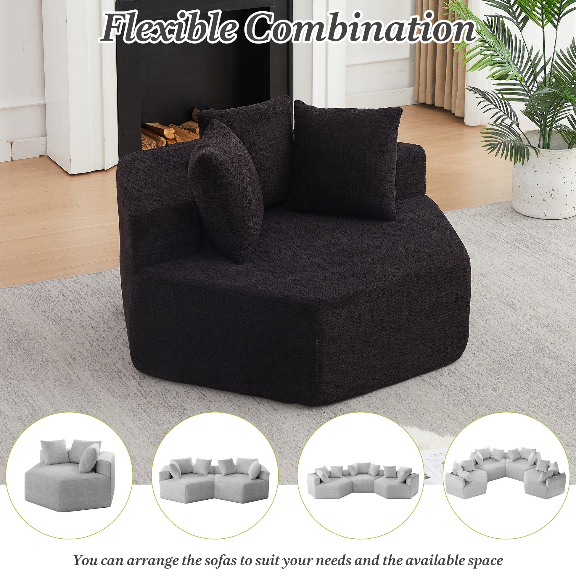 54-inch Modern-style hexagonal single lounge chair, featuring versatile arrangements and a modular design; this chenille-upholstered sofa is ideal for lounges, game rooms, living rooms, and bedrooms. image 6
