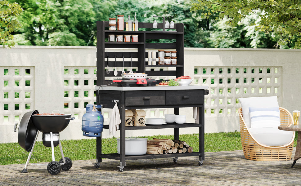 K&K 64.9"H Outdoor Potting Bench Table with Lockable Wheels, Solid Wood Outdoor Kitchen Island with Upper Hutch, Stainless Steel Top, Towel Rack,Outdoor Storage for Grilling, Lawn Garden -Black image 5