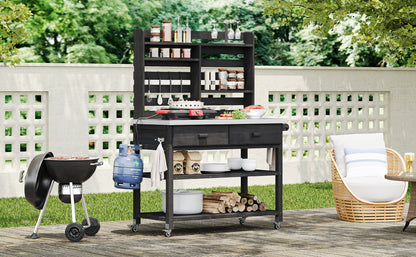 K&K 64.9"H Outdoor Potting Bench Table with Lockable Wheels, Solid Wood Outdoor Kitchen Island with Upper Hutch, Stainless Steel Top, Towel Rack,Outdoor Storage for Grilling, Lawn Garden -Black image 5