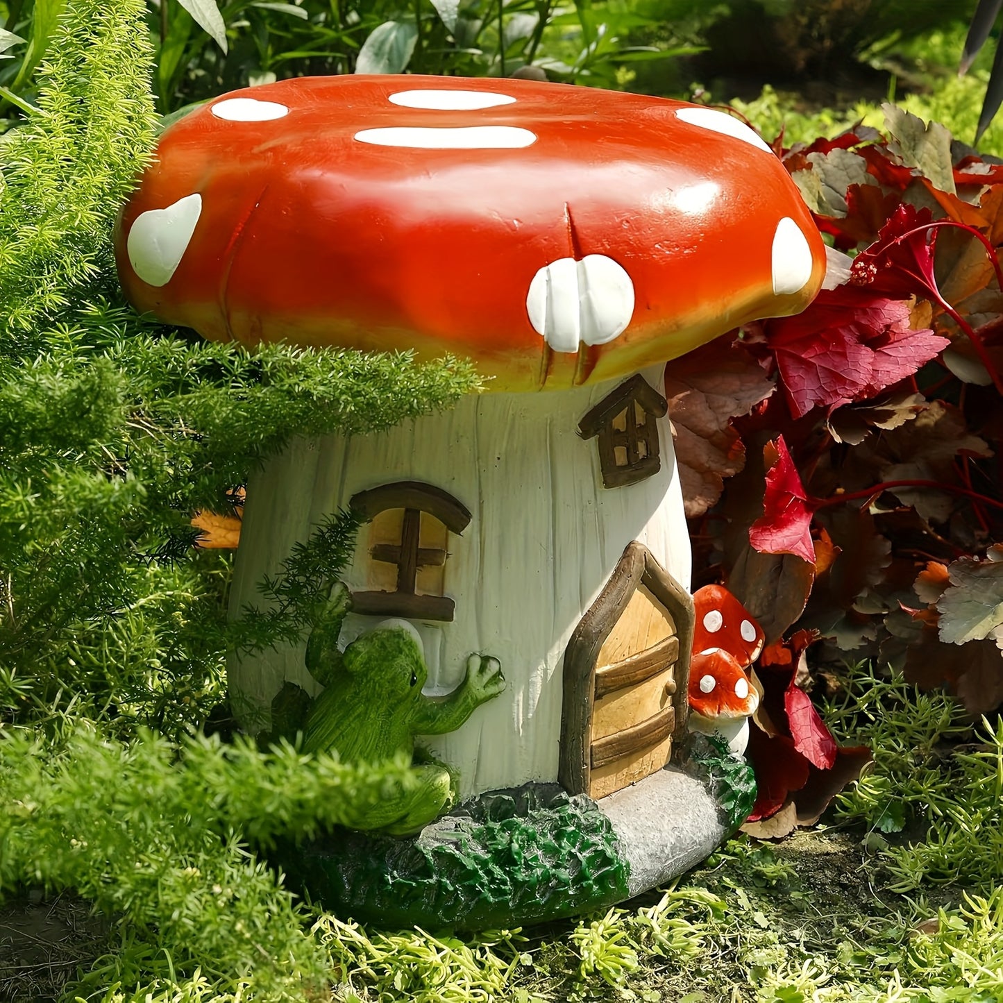 Oversized resin mushroom stool with tiny windows and door