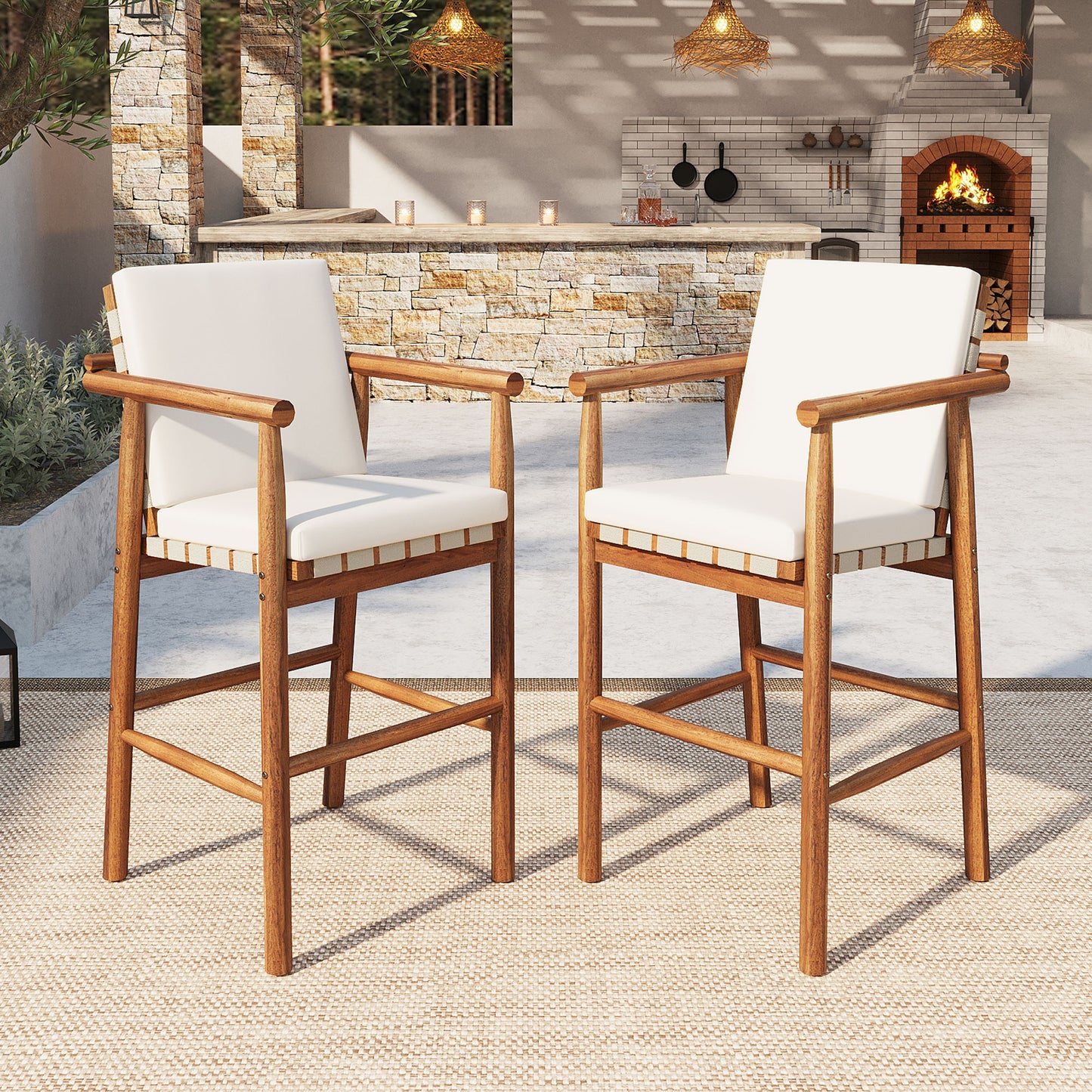 Outdoor Counter Height Bar Stools Chair Set of 2, Modern Patio Acacia Wooden Stools with Backrest Arm and Webbing Seat, for Patio, Pool, Garden, Beige Cushions Included image 1