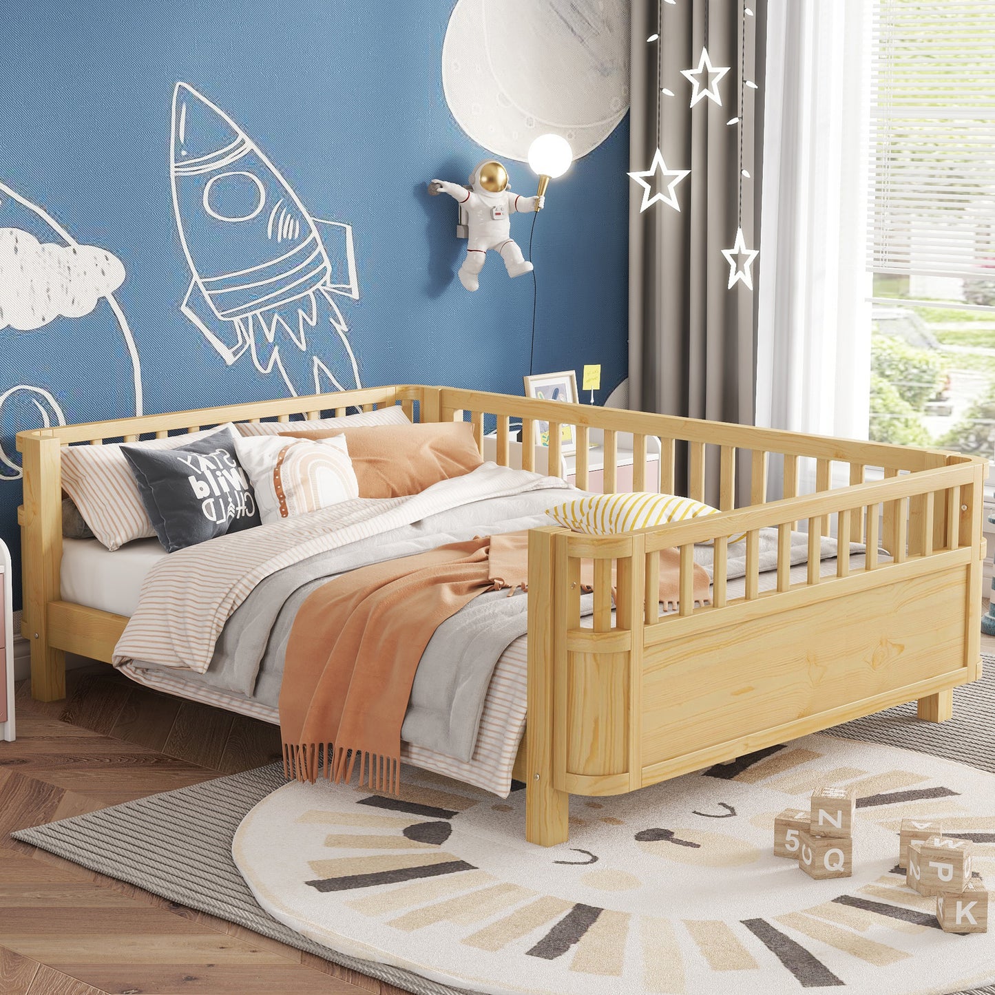 Full Size Wood Platform Bed for Kids, Wood Low Profile Full Bed with Rails for Girls and Boys, Natural (Patented Design, Old SKU W2593P233781) image 1