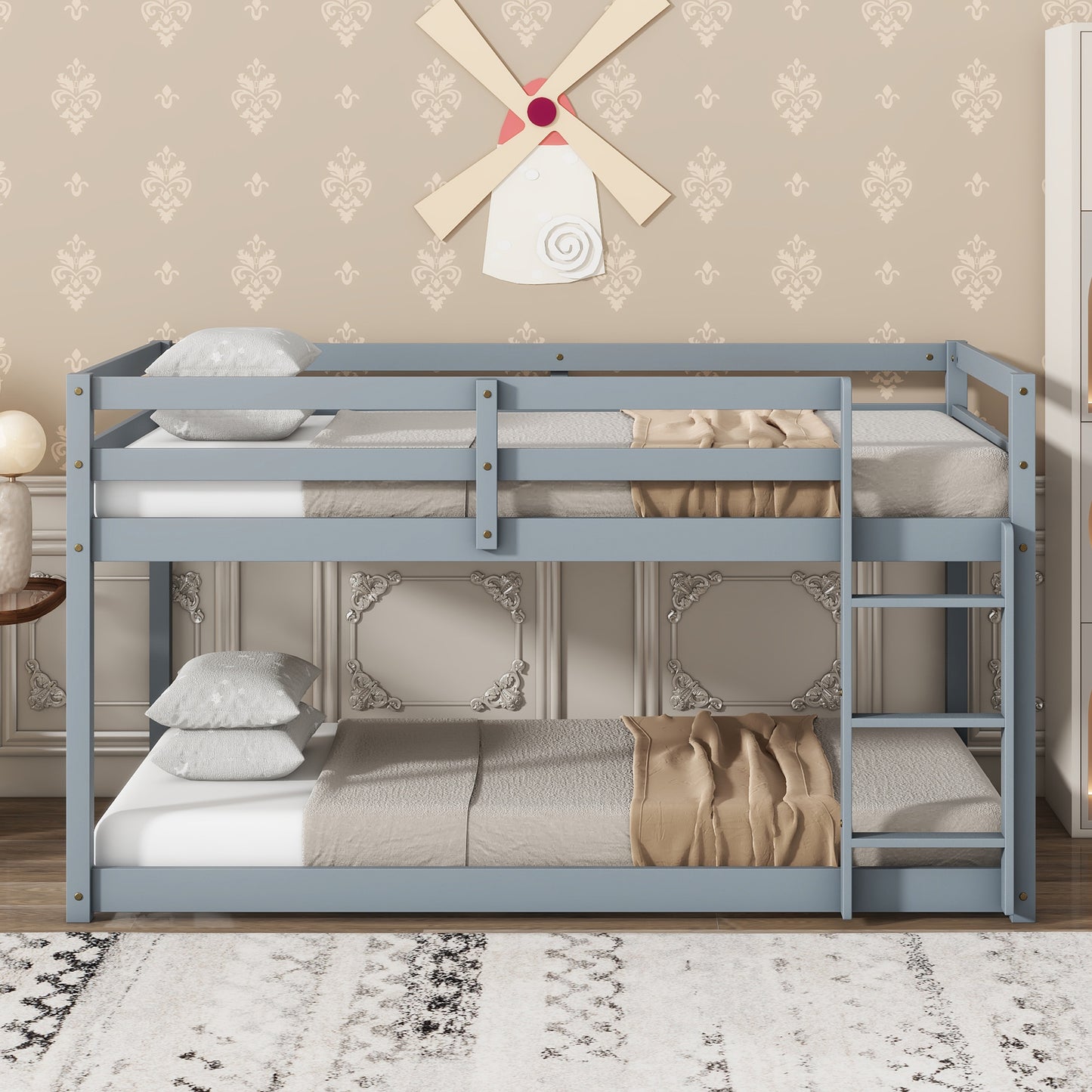 Solid Wooden, Solid Rubber Wooden Twin over Twin Floor Bunk Bed with Ladder, with Bed Platform of Strengthened Slats, Grey image 1