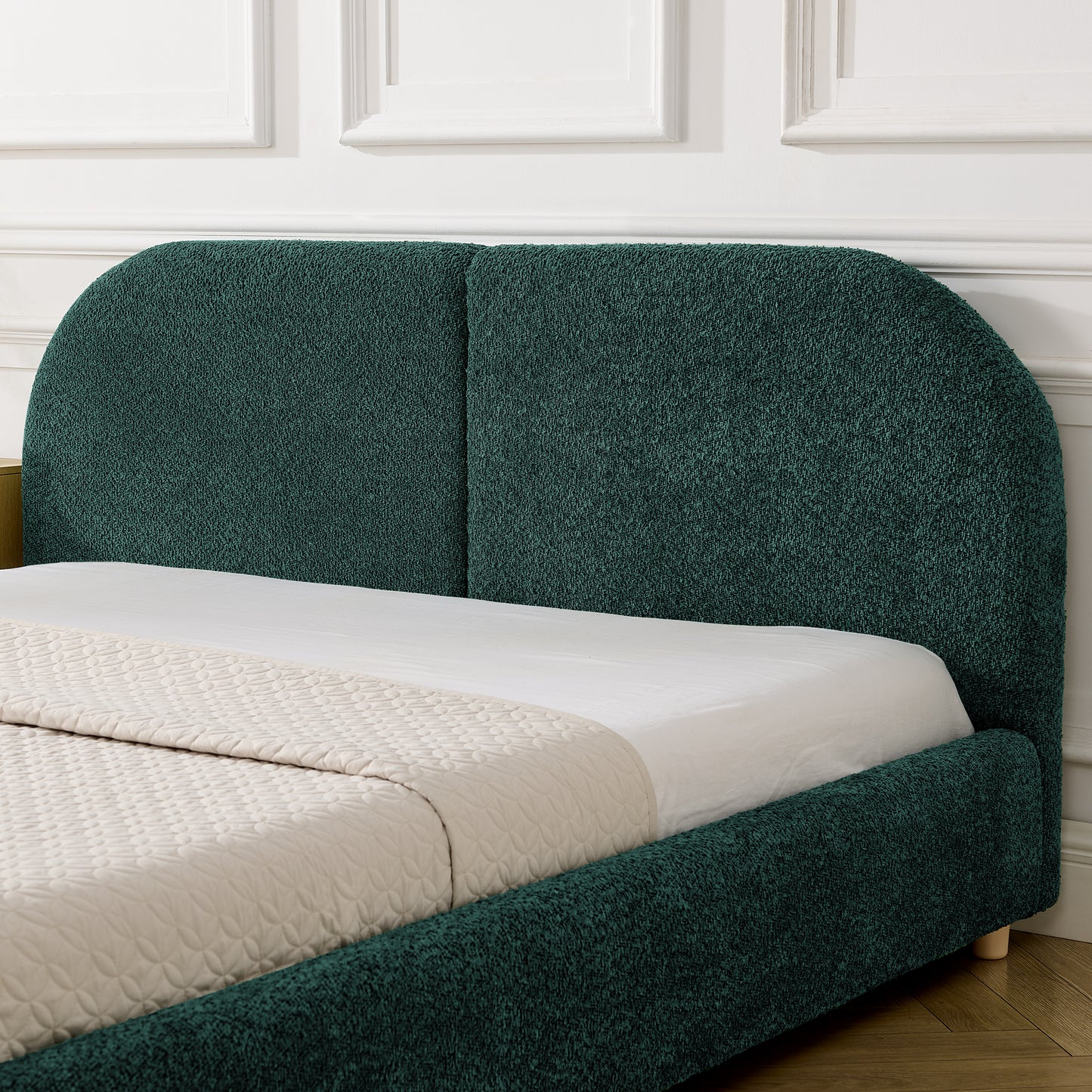 Queen Size Upholstered Bed Frame, Modern Minimalist Style with Tall Curved Headboard, Premium Circle Yarn Fabric & Sturdy Leg Support, Mattress Not Included-Green image 4