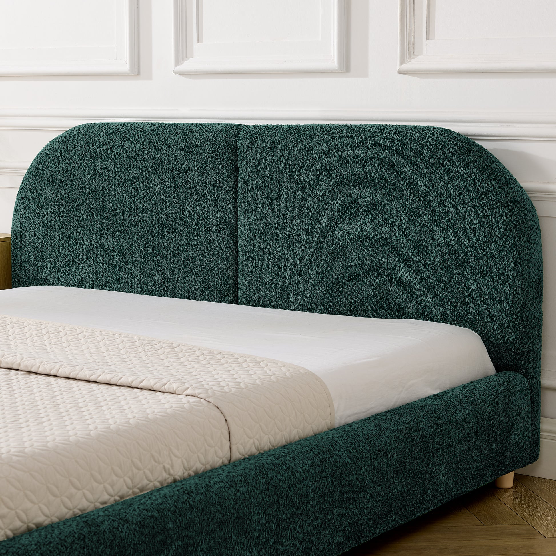 Queen Size Upholstered Bed Frame, Modern Minimalist Style with Tall Curved Headboard, Premium Circle Yarn Fabric & Sturdy Leg Support, Mattress Not Included-Green image 4