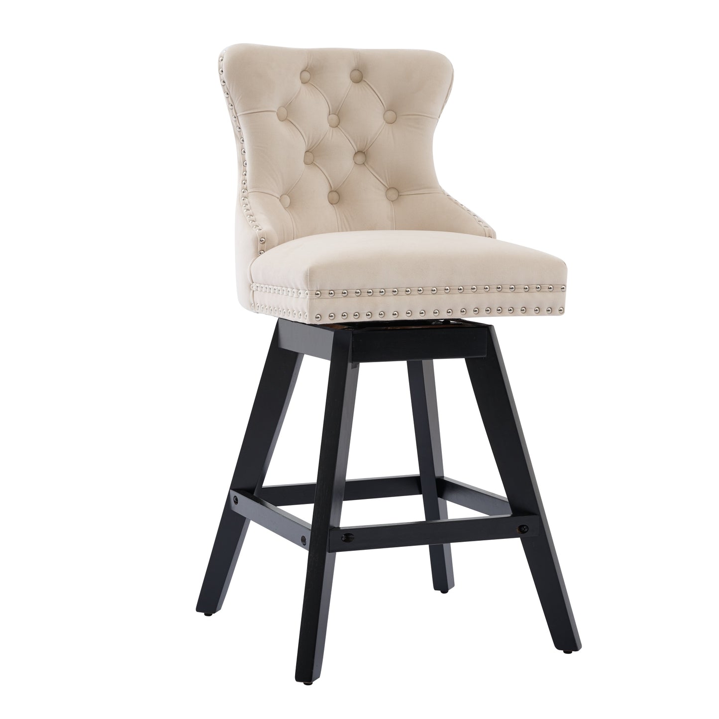 Swivel Velvet Barstools with Button Tufted Decoration and Wooden Legs, and Chrome Nailhead Trim, Leisure Style Bar Chairs,Bar stools, Set of 2 (Beige),SW1860BG image 3