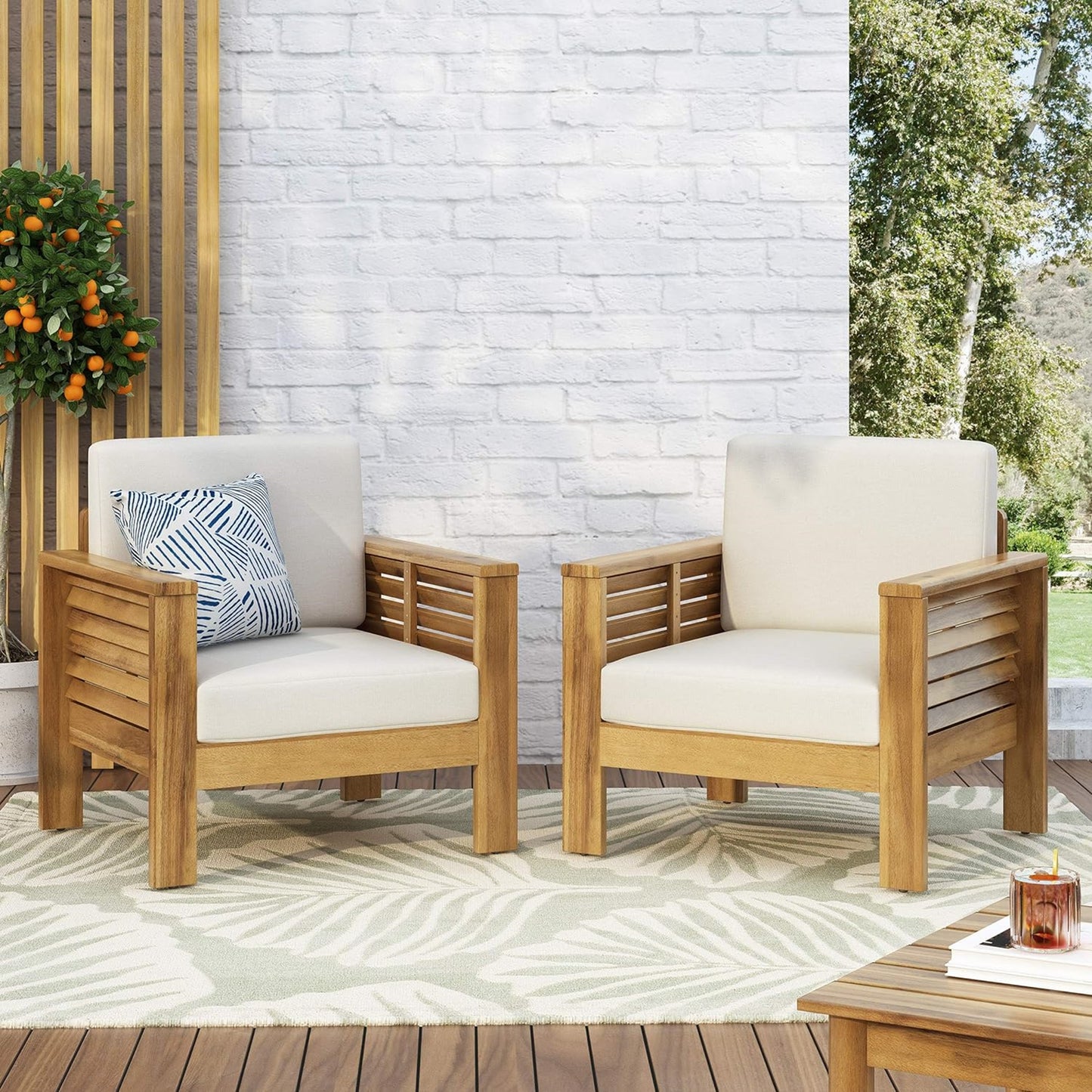 (Set of 2) Outdoor Acacia Wood Club Chairs with Cushions, Teak+Beige, 27.75"D x 32"W x 27.75"H image 1