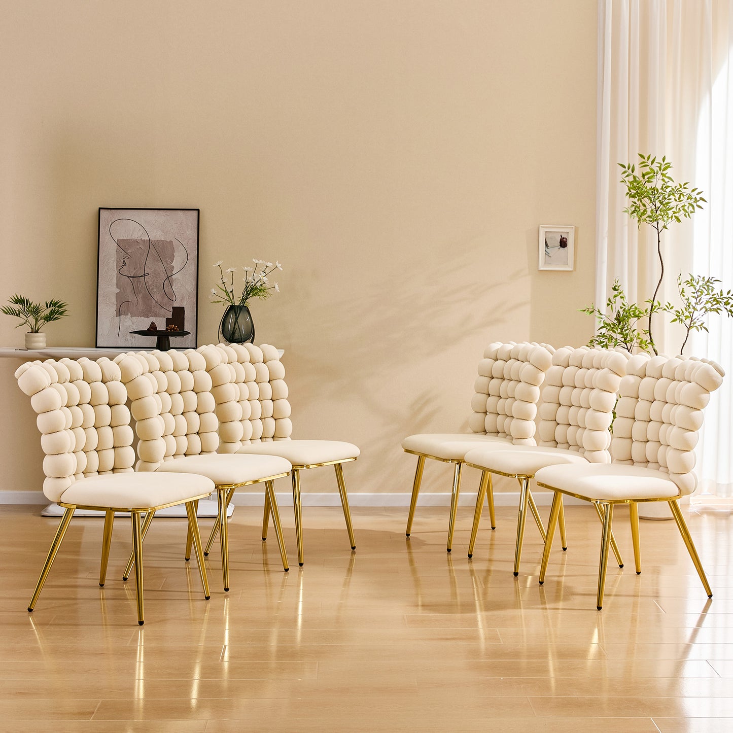 Set of 2 Luxury Cream Bubble Tufted Swivel Chair, Premium Velvet Upholstered Accent Chair with Gold Metal Frame, Ergonomic Space-Saving Desk Chair for Modern Interiors image 5