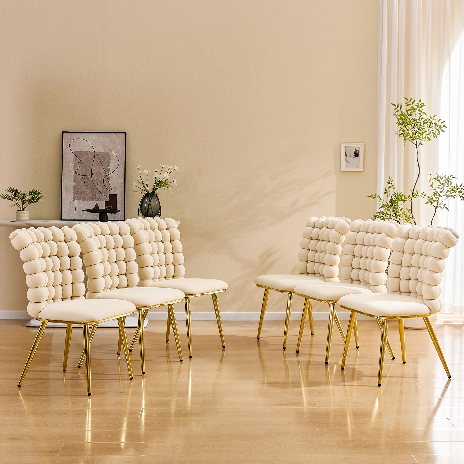 Set of 2 Luxury Cream Bubble Tufted Swivel Chair, Premium Velvet Upholstered Accent Chair with Gold Metal Frame, Ergonomic Space-Saving Desk Chair for Modern Interiors image 5