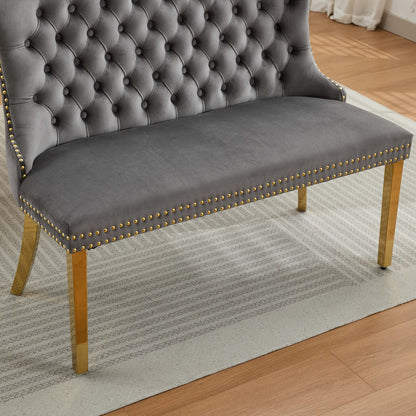 Velvet Double Dining Loveseat Bench, Kitchen & Dining Seating, 2-Seat Tufted Bench w/Handmade Buttons, Wing Back, Gold-Plated Steel Legs, Mid Century Modern,Single Pack,Gray,SW1602GY image 10