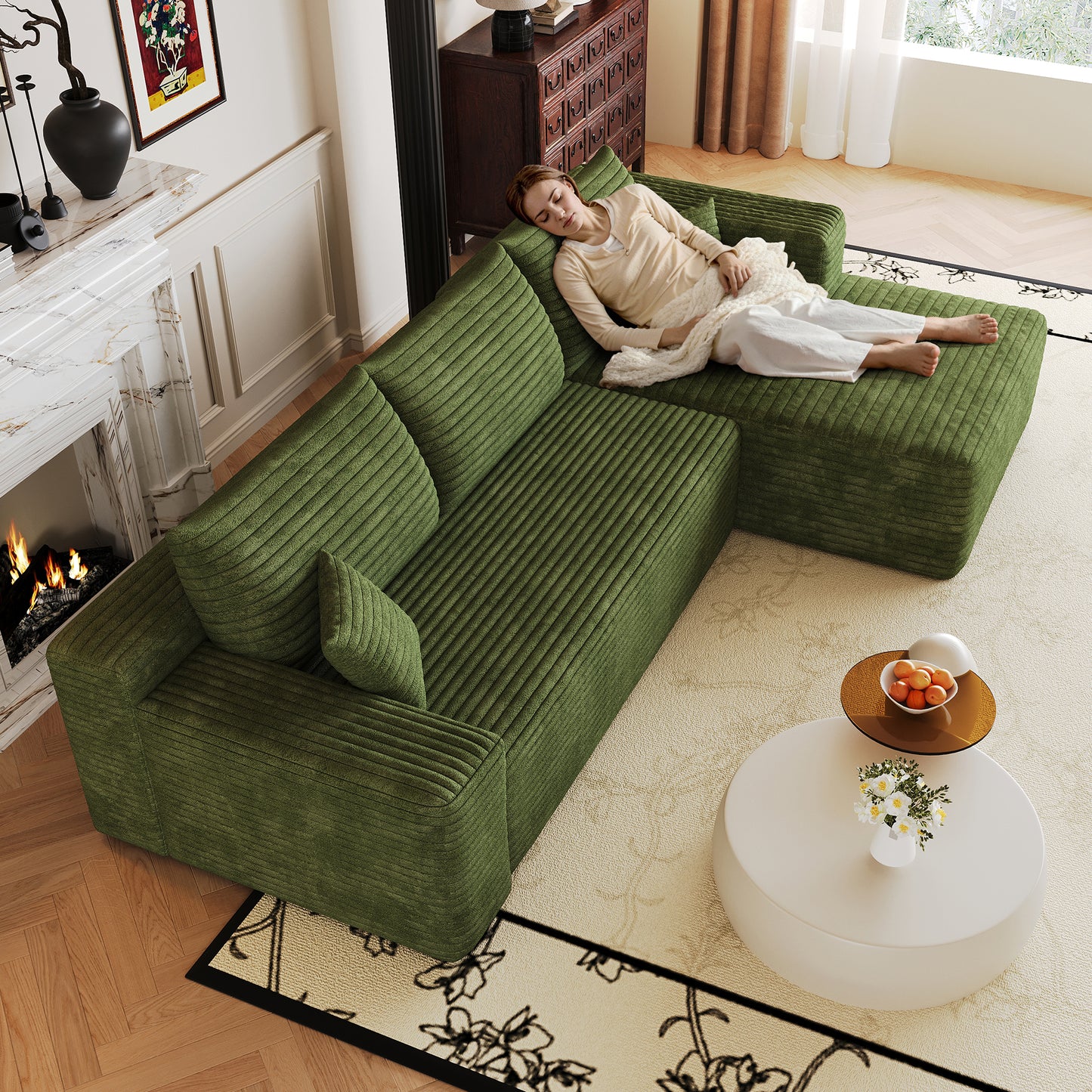 103" Cloud Sectional Sofa,Modern Minimalist Upholstered Couches, Comfort L Shaped Sofa for Living Room,Deep Seat Corner Couch,No Assembly Required,Green(Plush Corduroy Fabric) image 5