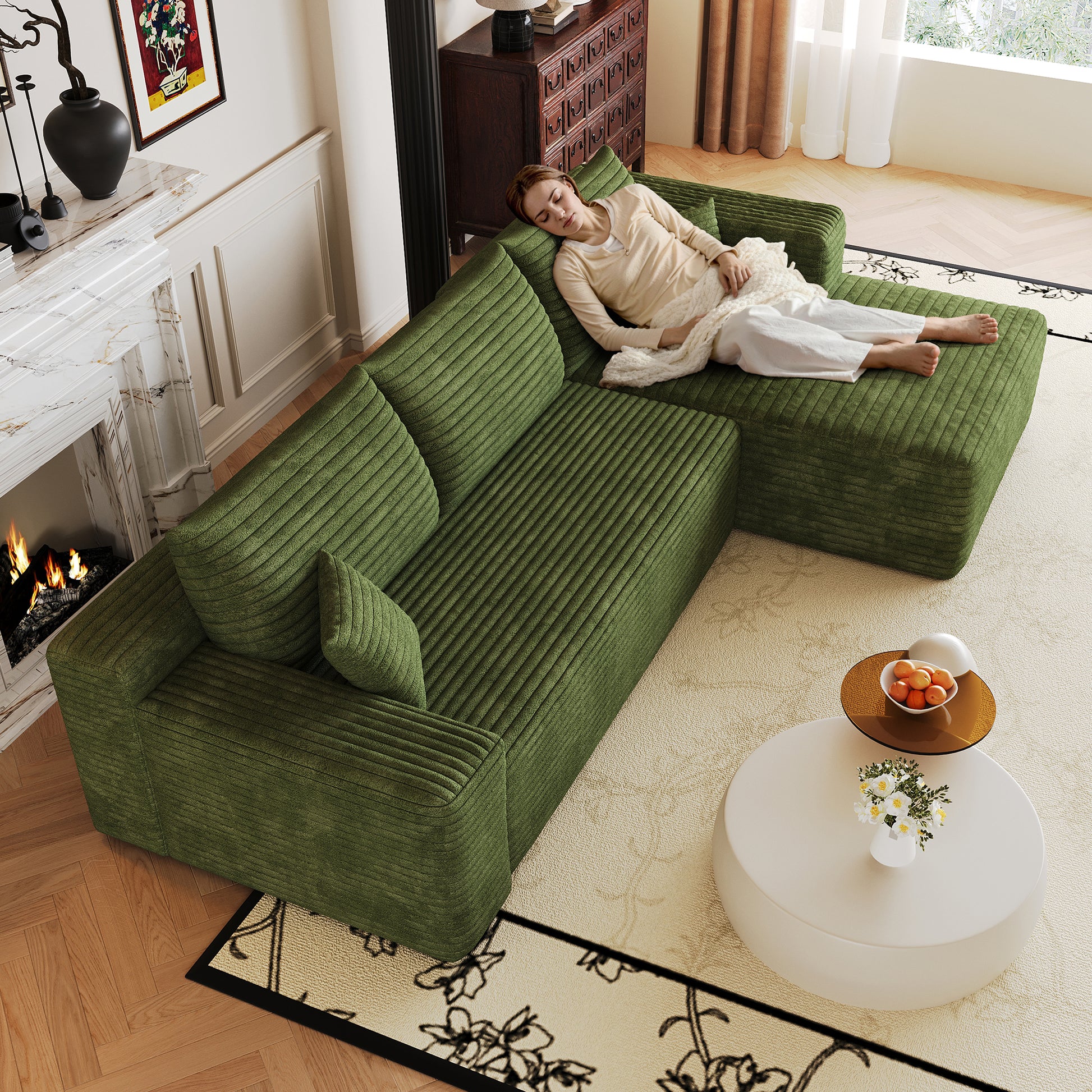 103" Cloud Sectional Sofa,Modern Minimalist Upholstered Couches, Comfort L Shaped Sofa for Living Room,Deep Seat Corner Couch,No Assembly Required,Green(Plush Corduroy Fabric) image 5