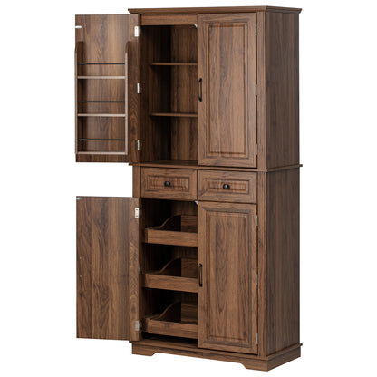 K&K 71" Tall Kitchen Pantry Cabinet with 3 Pull Out Cabinet Organizers, Farmhouse Embossed Texture Storage Cabinet with 6 Door Shelves, 2 Drawers, Freestanding Cupboard for Kitchen, Dining Room Brown image 3