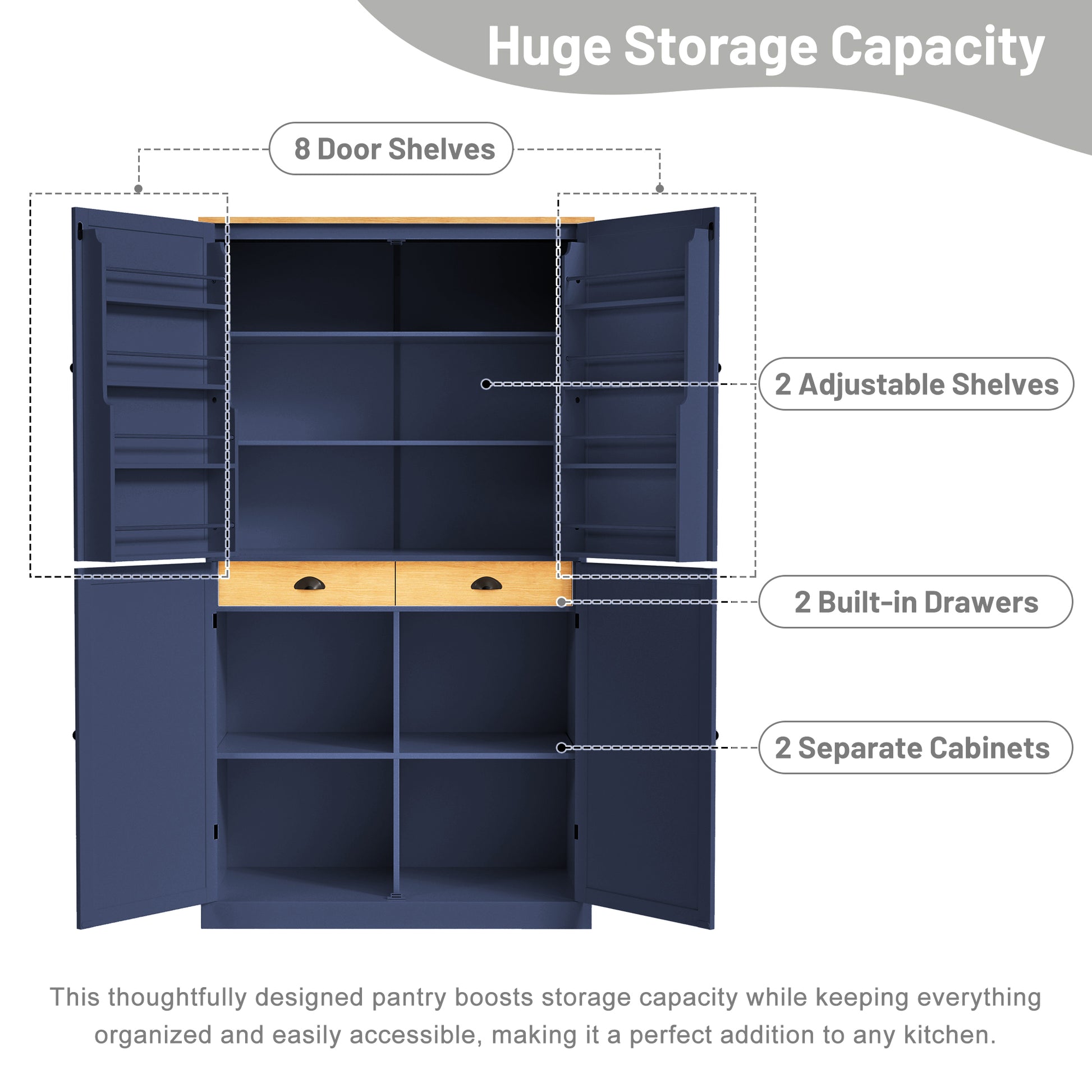 [Assembly Video Provided]TOPMAX 40.2x20x71.3inch High Freestanding Kitchen Pantry Large Cupboard Storage Cabinet with 2 Drawers, 2 Adjustable Shelves, 8 Door Shelves for Kitchen, Dining Room,Blue image 4