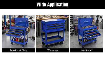3 DRAWERS MULTIFUNCTIONAL TOOL CART WITH WHEELS AND STEEL TOP-Blue&Black image 11