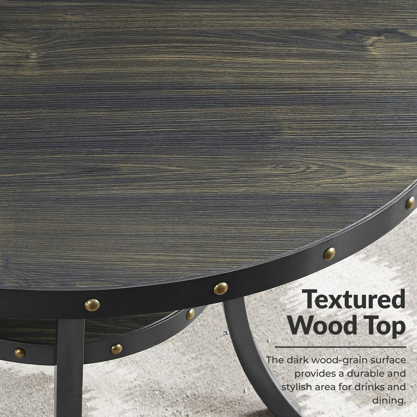 Biony 3-Piece 36" Round Espresso Finish Bar Table with 2 Blue Fabric Nail Head Pub Chairs image 6