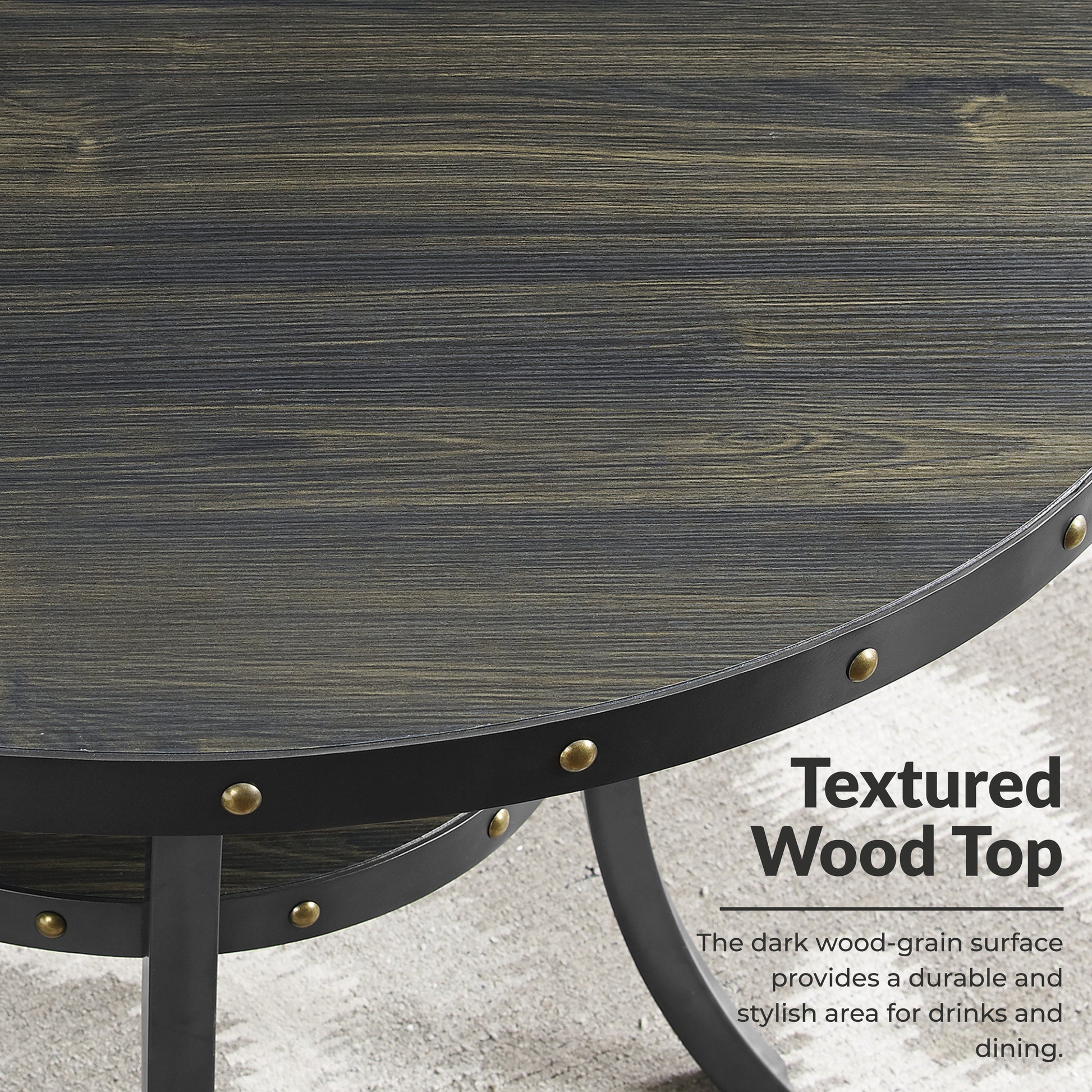 Biony 3-Piece 36" Round Espresso Finish Bar Table with 2 Blue Fabric Nail Head Pub Chairs image 6