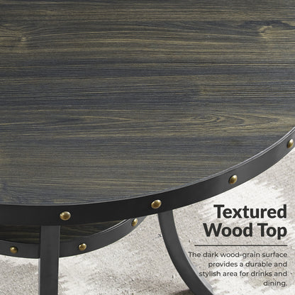 Biony 3-Piece 36" Round Espresso Finish Bar Table with 2 Blue Fabric Nail Head Pub Chairs image 6