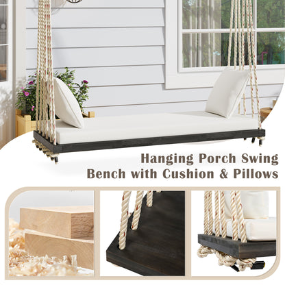TOPMAX Patio Wooden Swing Chair, Hanging Porch Swing Bench with Cushion&Pillows, 10.8Ft Hemp Ropes for Garden,Backyard, Lawn,Brown image 4