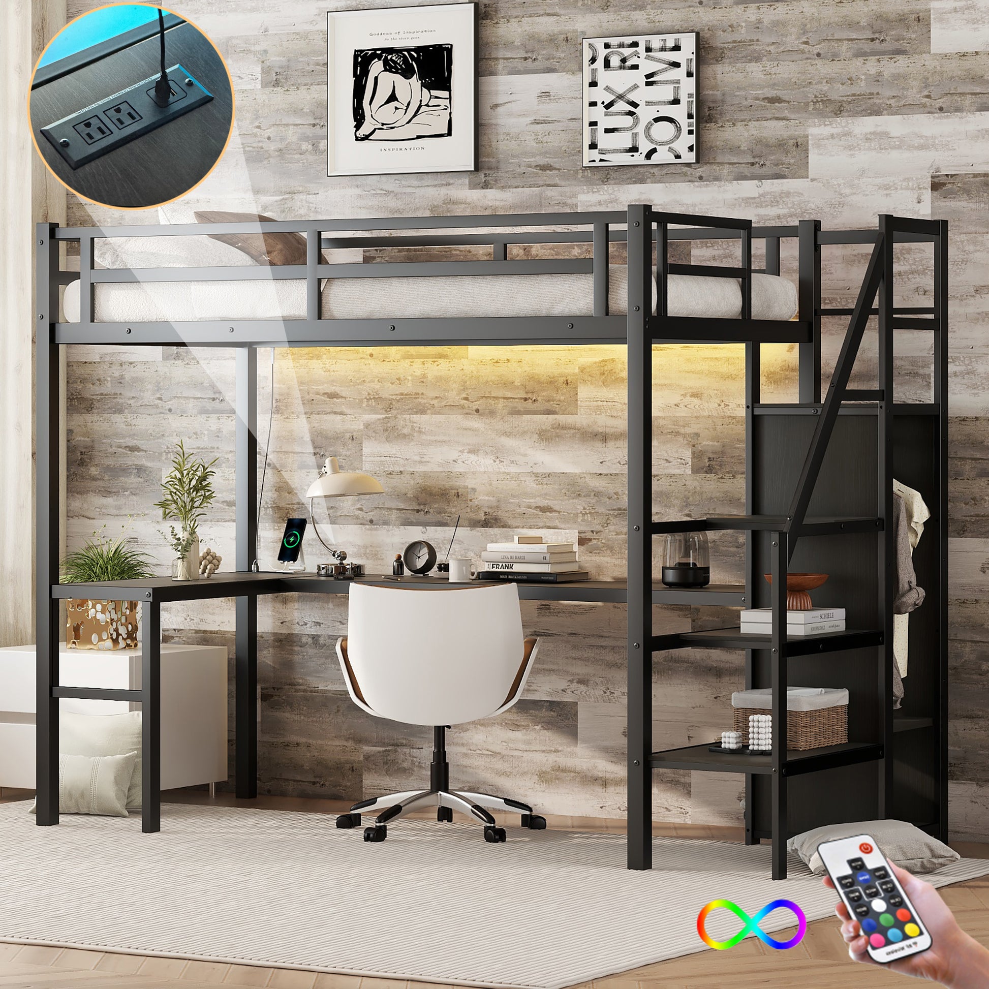 Twin XL Size Loft Bed with L-shaped Desk and USB, Metal Loft Bed with Wardrobe and Adjustable Shelf, High Loft Bed with LED for Kids Teens Adults, Black image 1