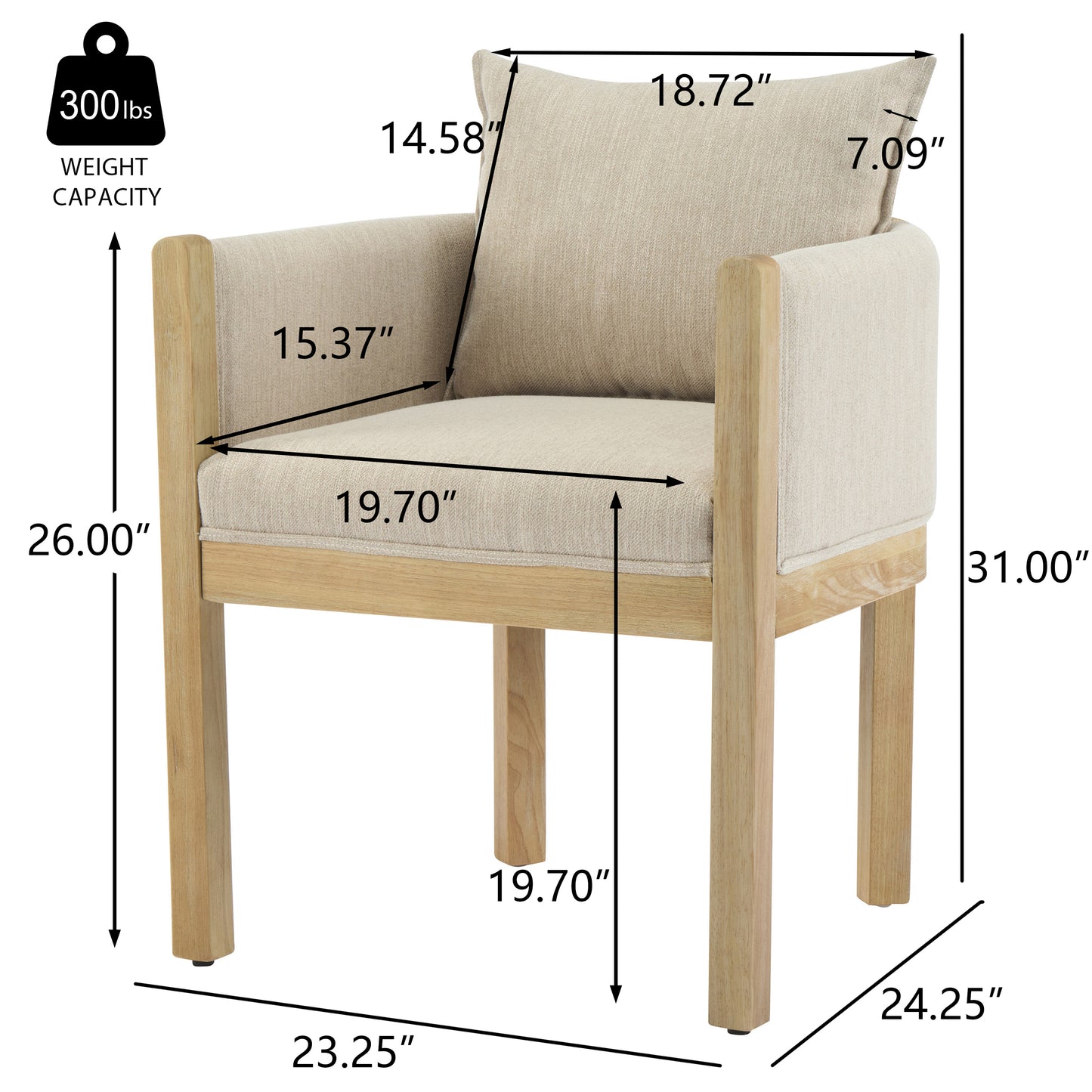 Linen Upholstered Armchair with Natural Rubber Wood Legs in Beige (Set of 2) image 3