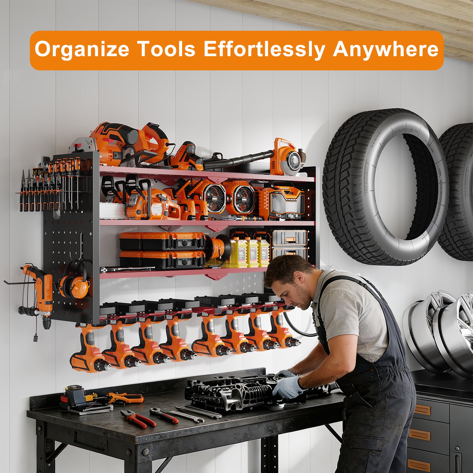 33 inches Modular Wall-Mounted Power Tool Organizer with Charging Station Heavy-Duty Drill Rack with Hooks and 8-Outlet Holder in Red image 5