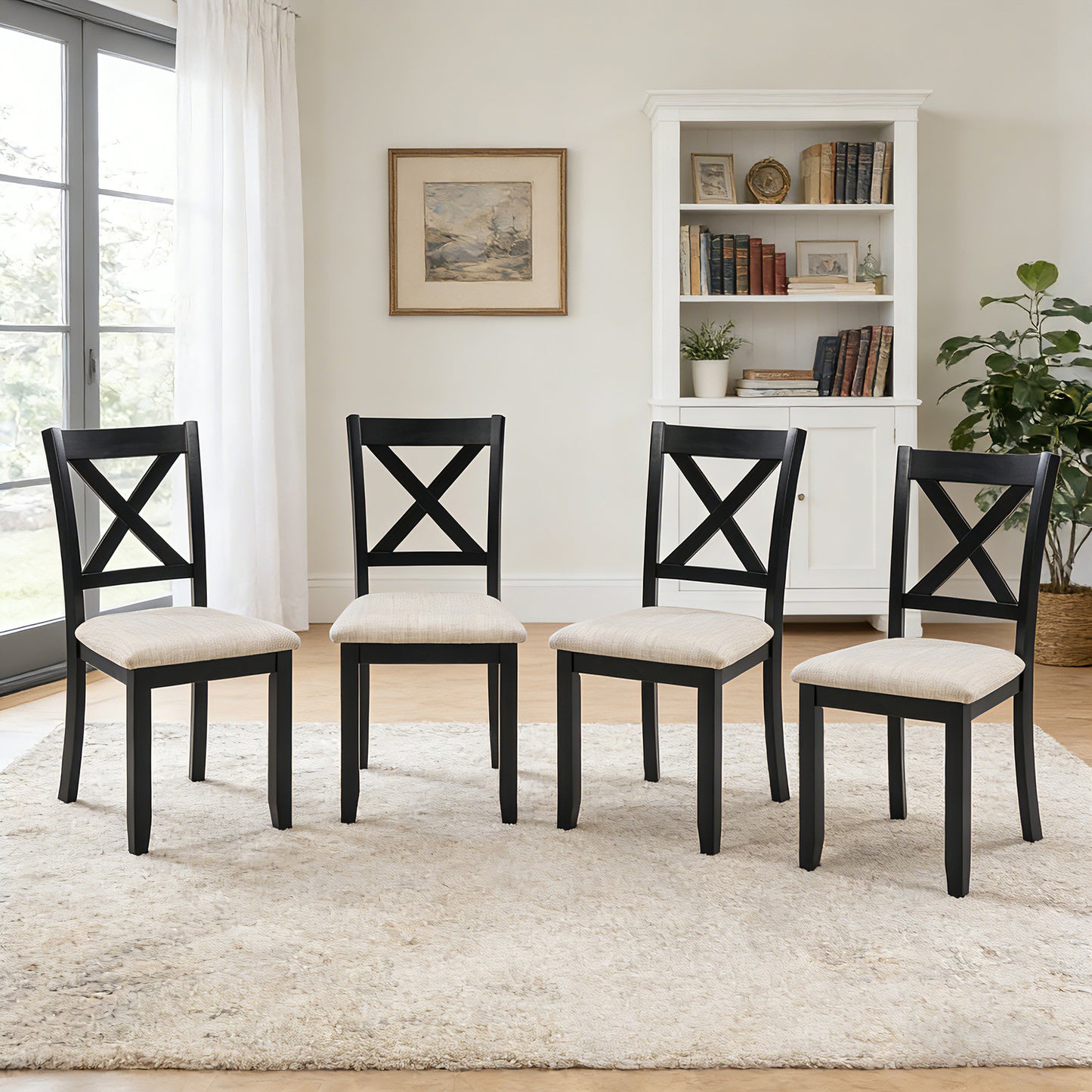 Dining Chairs Only, Wooden Dining Chairs Set of 4, Kitchen Chair with Padded Seat, Upholstered Side Chair for Dining Room, Living Room, Kitchen, Black & Beige two tone image 1