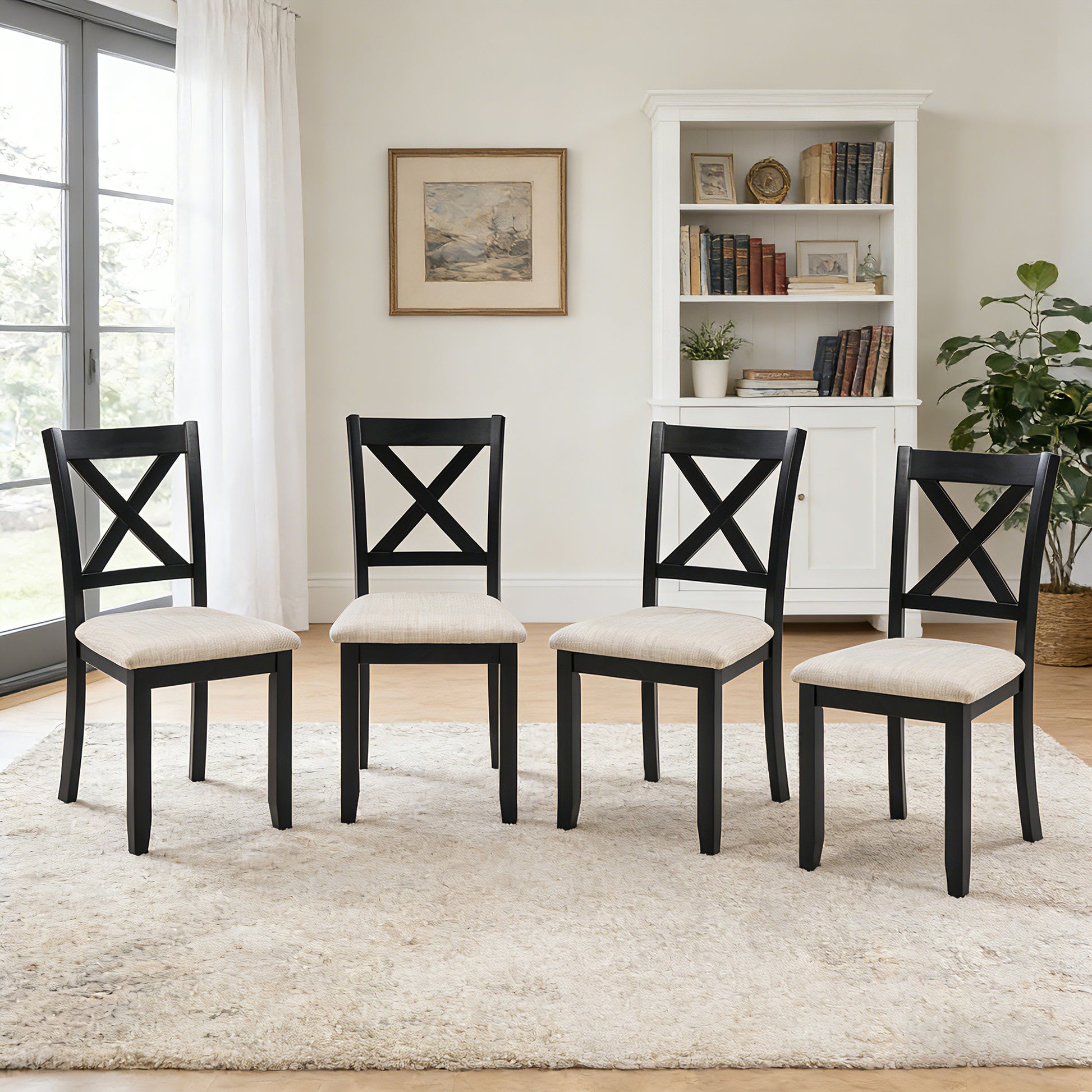 Dining Chairs Only, Wooden Dining Chairs Set of 4, Kitchen Chair with Padded Seat, Upholstered Side Chair for Dining Room, Living Room, Kitchen, Black & Beige two tone image 1