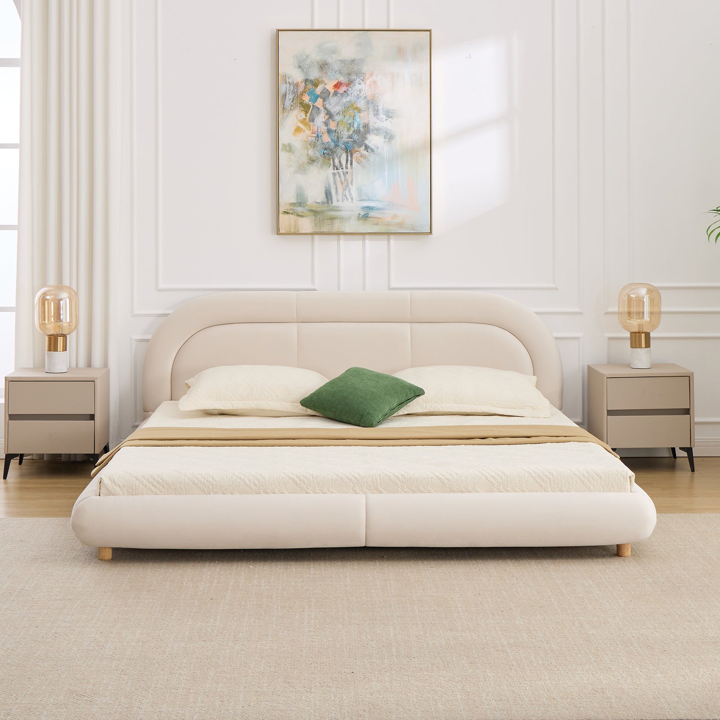 King Size,Modern Curved Upholstered Low Profile Platform Bed with Rounded Headboard(Velvet,Beige) image 1
