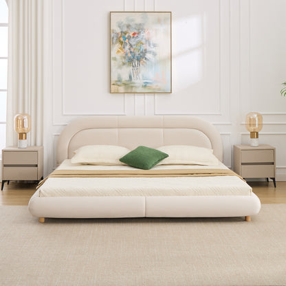 King Size,Modern Curved Upholstered Low Profile Platform Bed with Rounded Headboard(Velvet,Beige) image 1