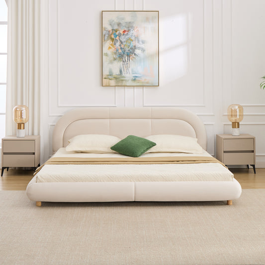 King size modern curved upholstered low profile platform bed with rounded headboard in velvet beige - front view