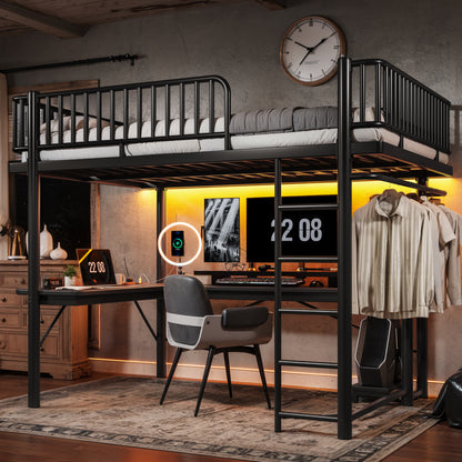 Queen Loft Bed with L-Shaped Desk,LED Light Strip and Charge Station, Metal Loft Bed with Computer Mainframe Tray and Hanging Area, Special Round Pipe Design, Black image 2