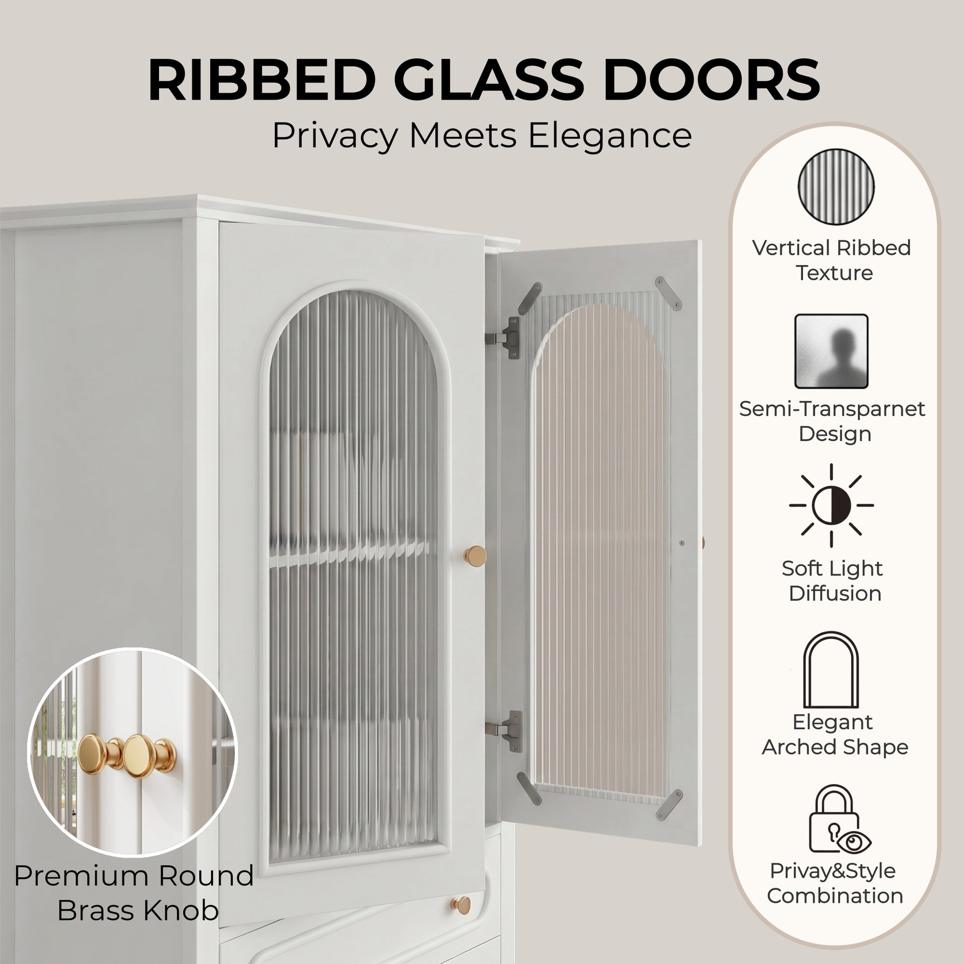 46.5'' Glass Display Cabinet with Ribbed Glass Doors,Wooden Curio Cabinet with 2 Drawers & Adjustable Shelf, Freestanding Buffet Cabinet Unit for Living Room Dining Room, White image 7