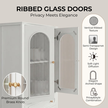 46.5'' Glass Display Cabinet with Ribbed Glass Doors,Wooden Curio Cabinet with 2 Drawers & Adjustable Shelf, Freestanding Buffet Cabinet Unit for Living Room Dining Room, White image 7