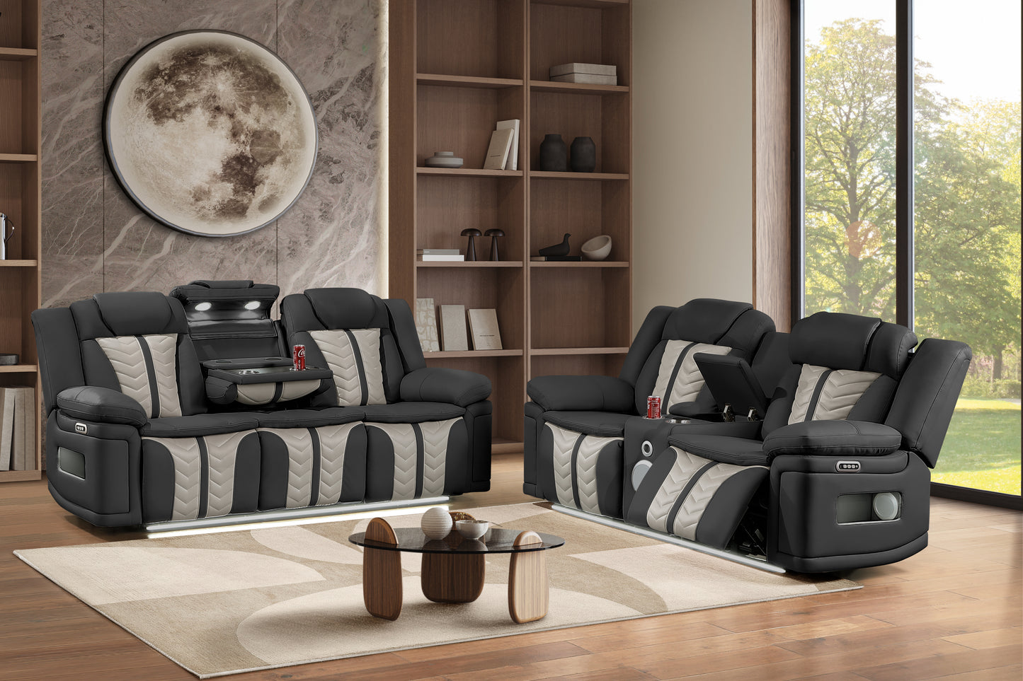 Cruiser 2‑Piece Power Reclining Set with LED Lighting, Massage, Wireless Charging & Speaker Console Made with Faux Leather in Black and Gray image 1