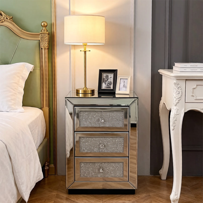 Mirrored Nightstand 3 Drawer, Silver Mirror Finish Bedroom Side Table with Crystal Handles for Living Room, Apartment, Office. Silver. image 2